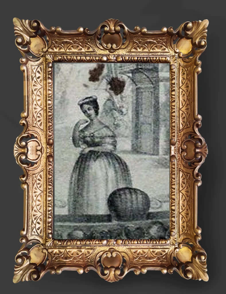 Dibujo de la Sta. María de Jesús Cepeda y Cosío en el escenario, con marco antiguo